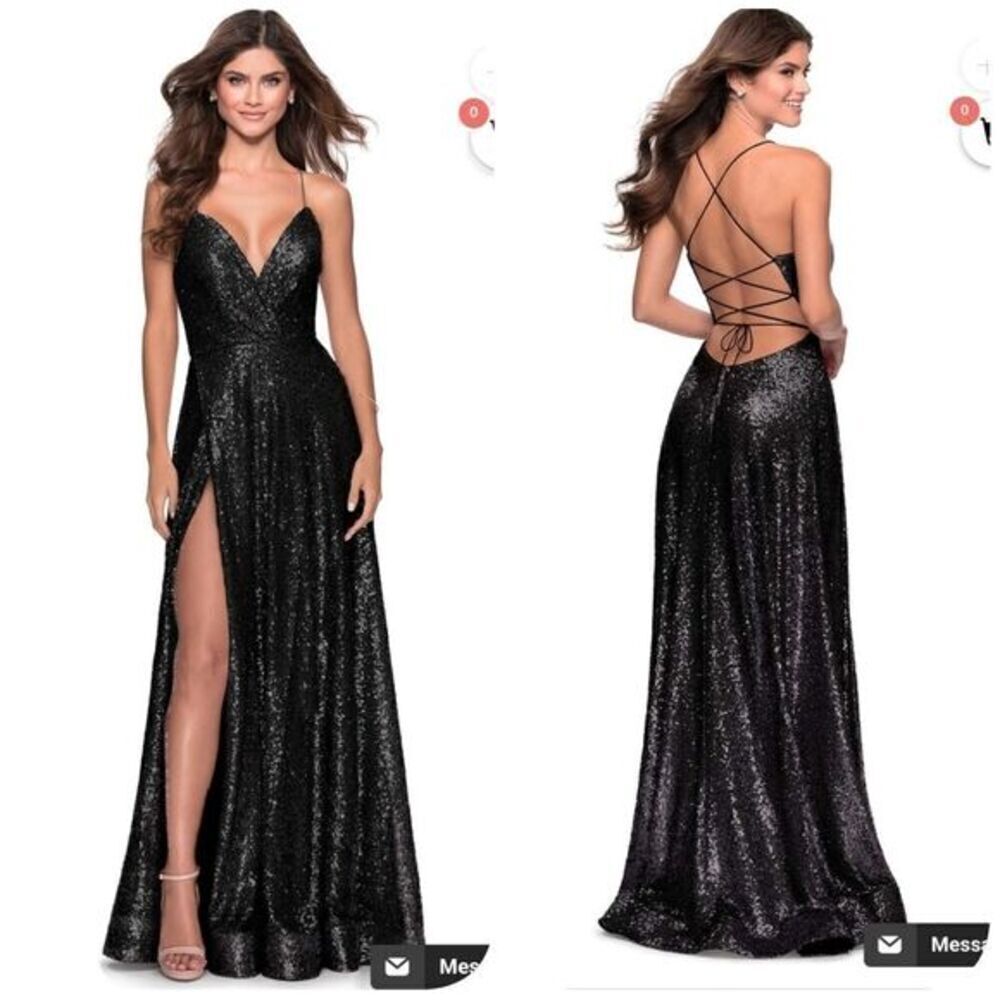 Strappy-Back La Femme Long Sequin V-Neck Prom Dress